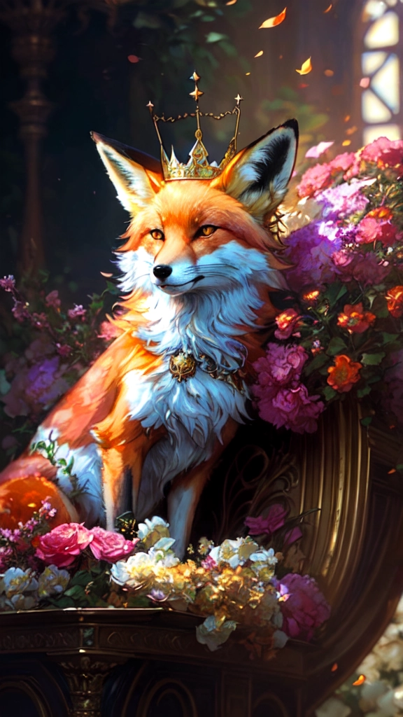 A cunning fox with a golden crown on his head sits on a throne surrounded by flowers