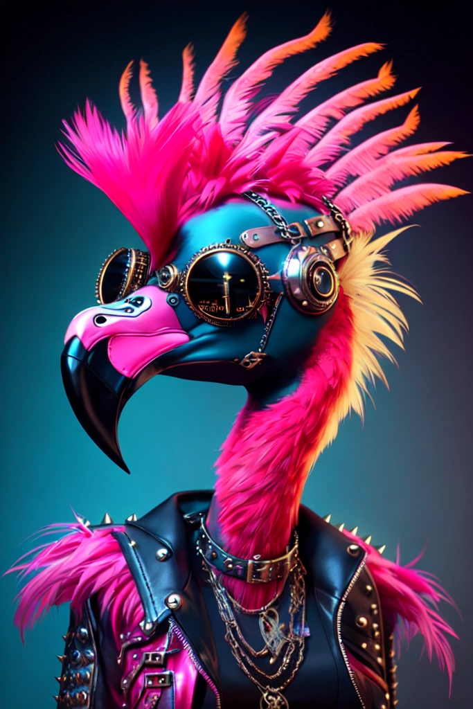 Anthropomorphic punk flamingo with studded black leather jacket, mohawk hair, steampunk aesthetic, portrait, centered figure, Perfect Composition, Perfect Body, Photo Realistic, Cinematic Shot, 8K Resolution, octane render, Highly Detailed, Digital Painting, Artstation, Concept Art , Smooth, Sharp Focus, Illustration