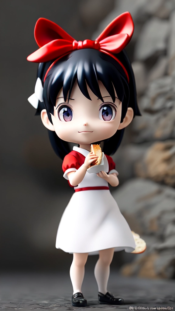 kiki from studio ghibli film kiki's delivery service, eating a sandwich, black dress, single red bow in hair