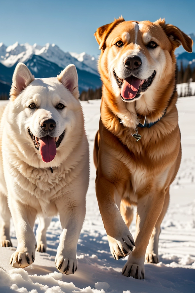 two fat alaskan dogs, round face, small eyes, hair as white as snow with distinct roots, running wantonly in the snow with rolling and crawling, open mouth, tongue slightly smiling, two side by side, cute, like a ball, snowy mountains, lakes, sunny, side light, photography, real, realistic, photo, high definition, ultrafine, high definition, high contrast, high resolution, real photo.