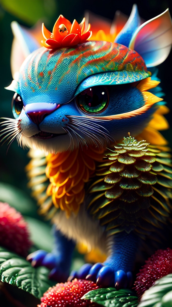 "Extremely Ultrarealistic Photorealistic cute creature holding a flower in a vast jungle, by James Jean and Android Jones: Jeff Koons: Erin Hanson: Joe Fenton: Dan Mumford: professional photography, natural lighting, volumetric lighting maximalist photoillustration 8k resolution concept art intricately detailed, complex, elegant, expansive, fantastical:"