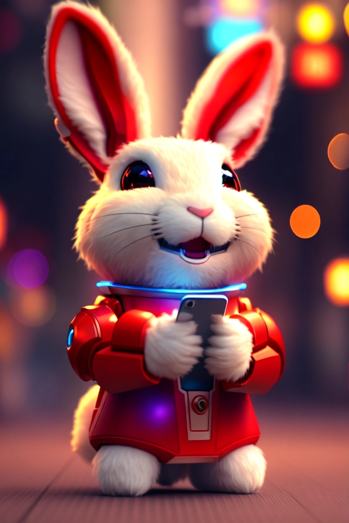 Smiling, happy, cute rabbit bunny robot working on a smartphone, long ears, lunar new year parade, celebration vibe,  red main color, congratulation, gongxi facai, fireworks, 3d render, unreal engine 5