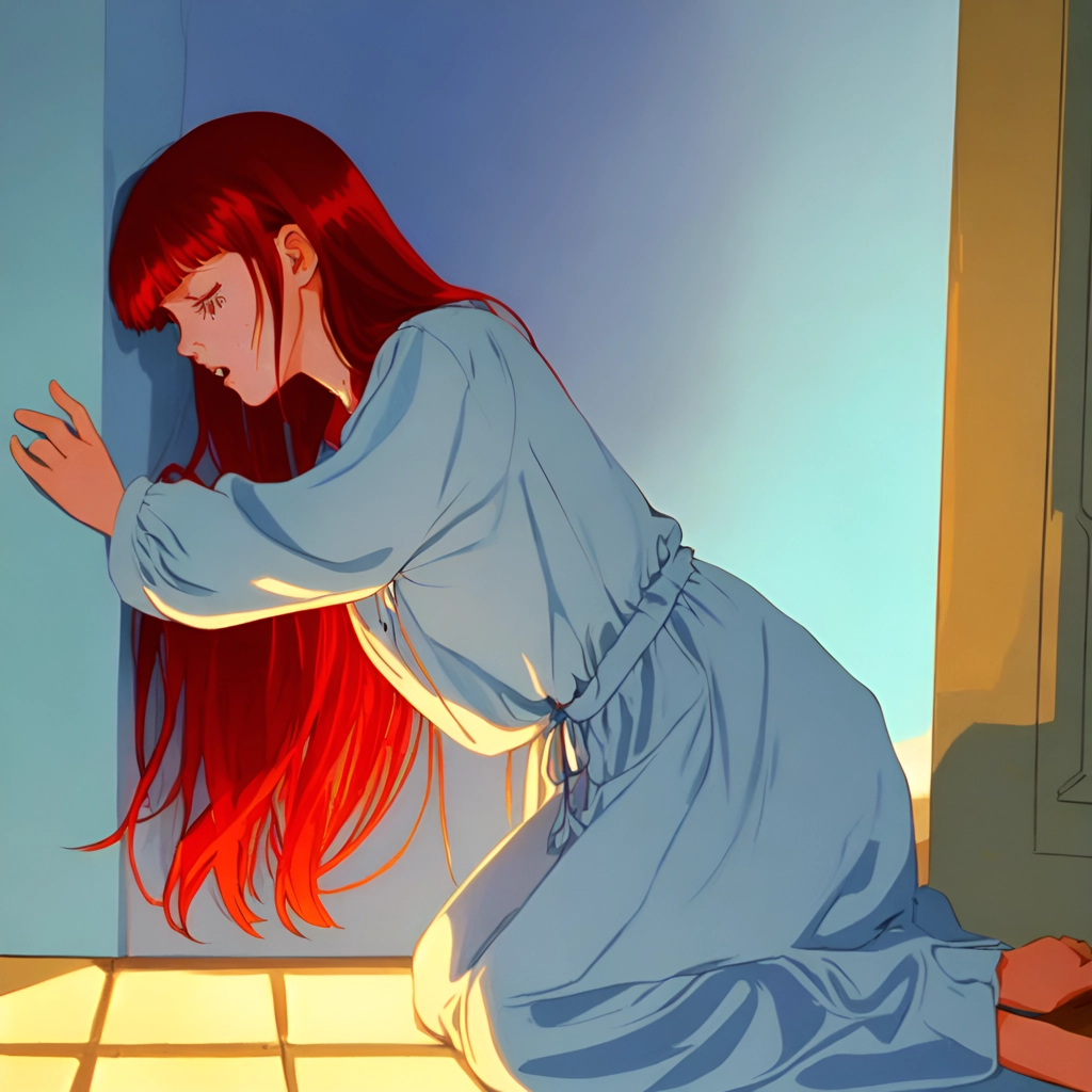 An upset Regan MacNeil crying after her exorcism in a scene from The Exorcist (1997 TV series), red hair with middle parted bangs. blue eyes, light facialwounds, 12 years old girl light blue nightgown, leaning against wall, tears rolling down her eyes, very sad, full body, 1990s