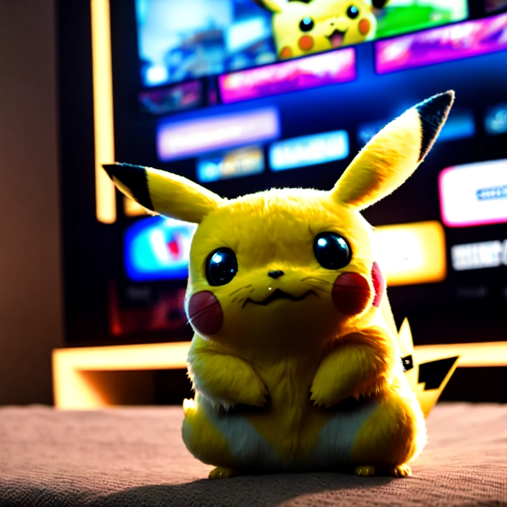 Pikachu playing video games in front of the TV