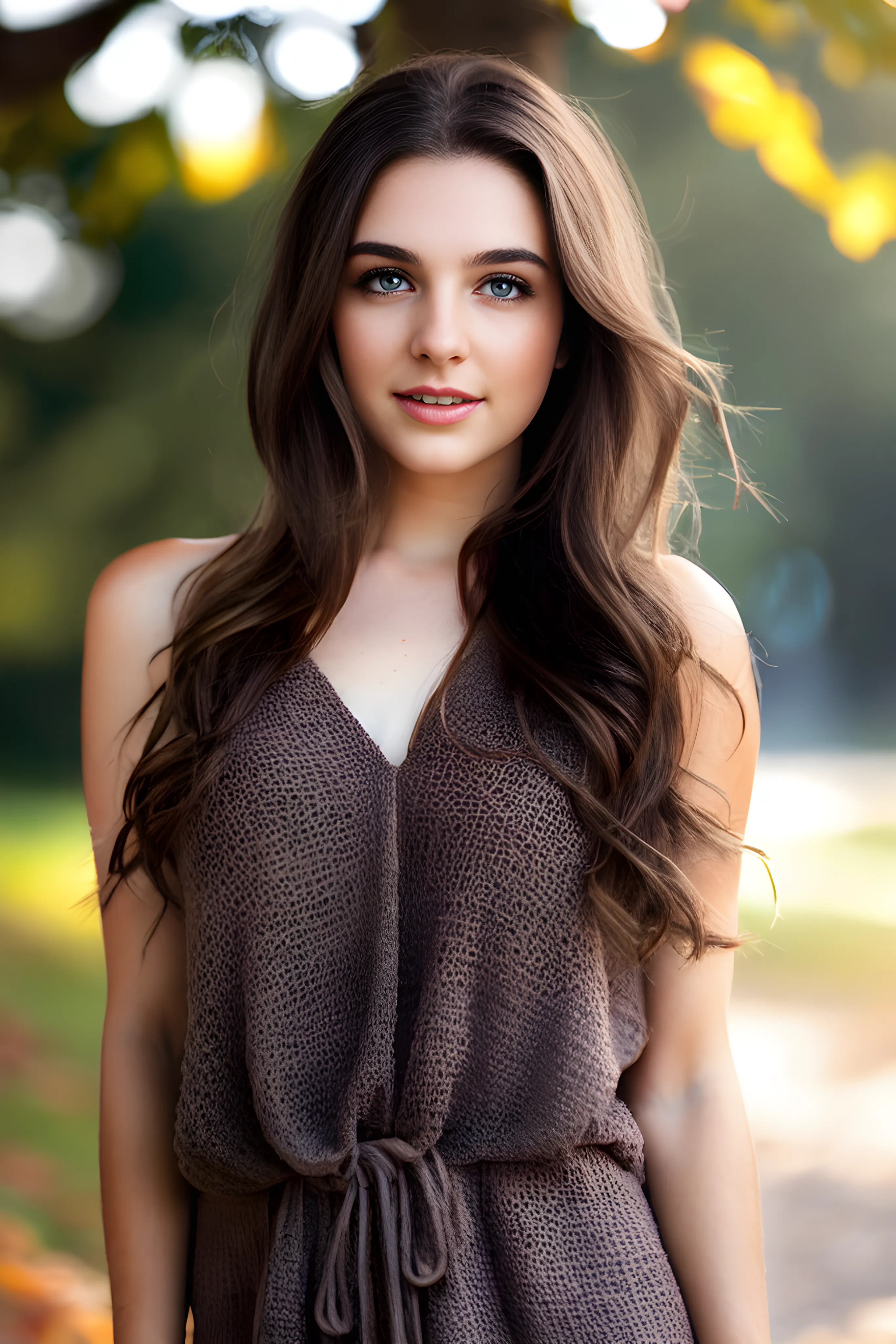 face render of a beautiful Caucasian girl, shoulder length dark brown hair, slight chubby cheeks, kind vibrant eyes, wind blowing, bokeh effect, photorealistic, natural lighting, highly detailed, cinematic, 4k high resolution