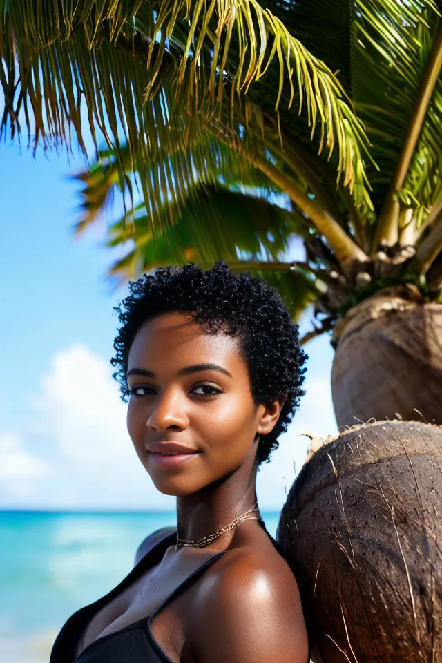 (((realism, realistic, portrait, realphoto))), ((sea, beach, a coconut tree is focus)), (short hair, tank top, black skin, african), realistic beautiful gorgeous natural cute, fantasy, elegant, lovely, princess girl, art drawn full hd, 4 k, highest quality, in artstyle by professional artists wl