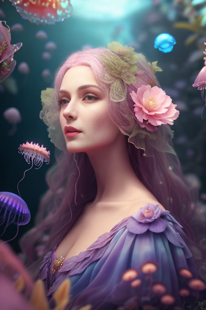 Women portrait, Jellyfish and Flowers maria sibylla merian. colors, pastel colors, muted earth tones, volumetric lights, pixiv, 8k, octane render, unreal engine