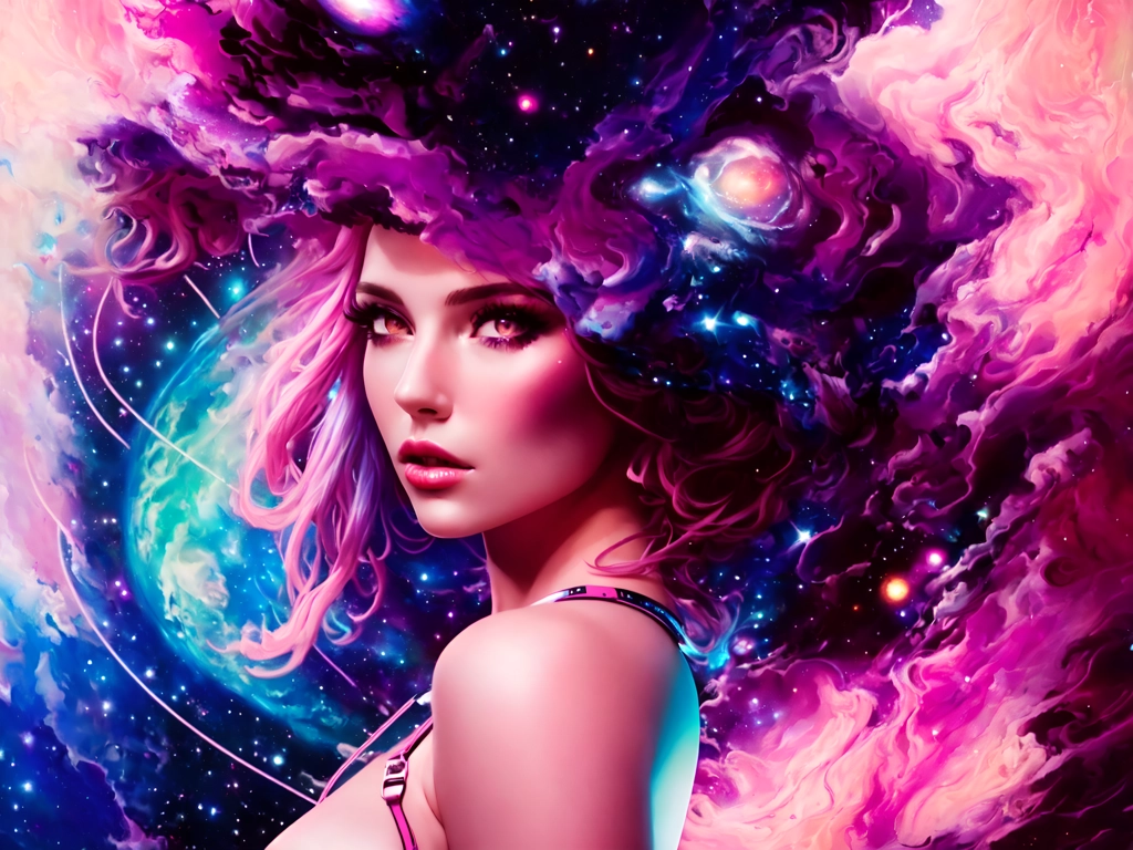 Very Wide angle shot of a girl with big jugs and wide hips falling in space surrounded by stars nd galaxies with long pink wavy hair wearing a tight unzipped space suit 