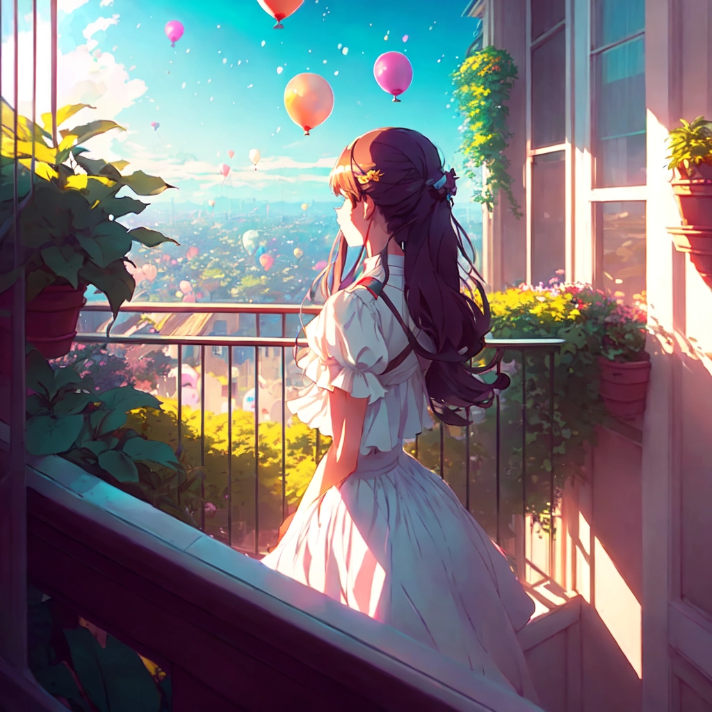 Girl stand on the a balcony where plants and flowers all around, she is watching a lot of balloons flying over, epic perspective, illustration concept art anime key visual trending pixiv fanbox by wlop and greg rutkowski and makoto shinkai and studio ghibli