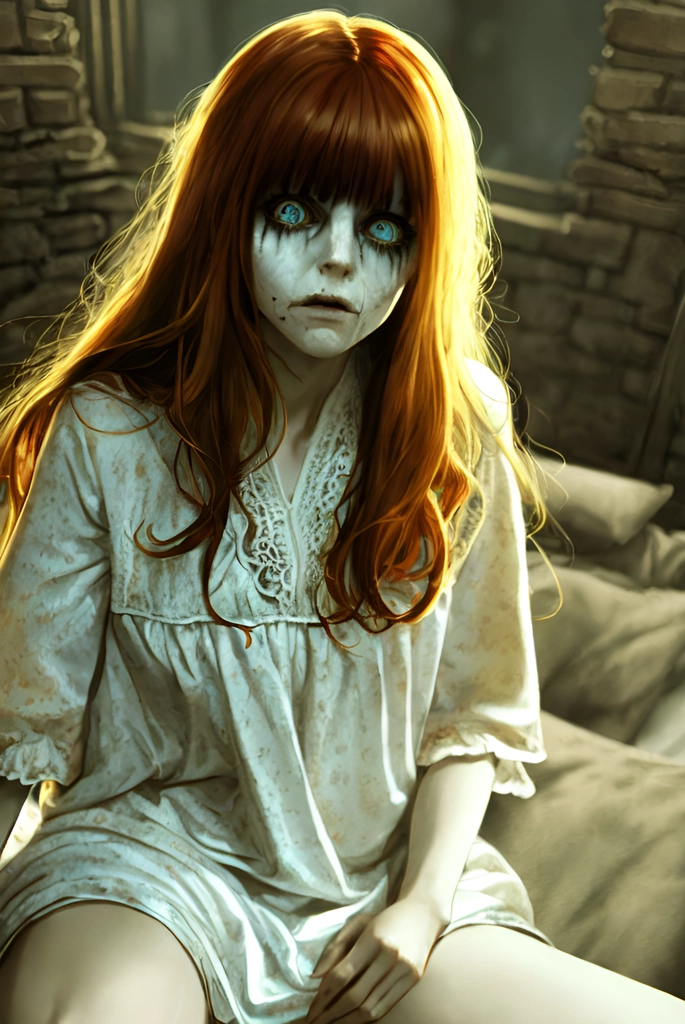 Demon possessed Regan MacNeil, nightgown, long ginger hair with middle parted bangs. yellow demonic eyes, blue nightgown, facial scars, facial bruises, wrinkles, eyebags, 12 years old
