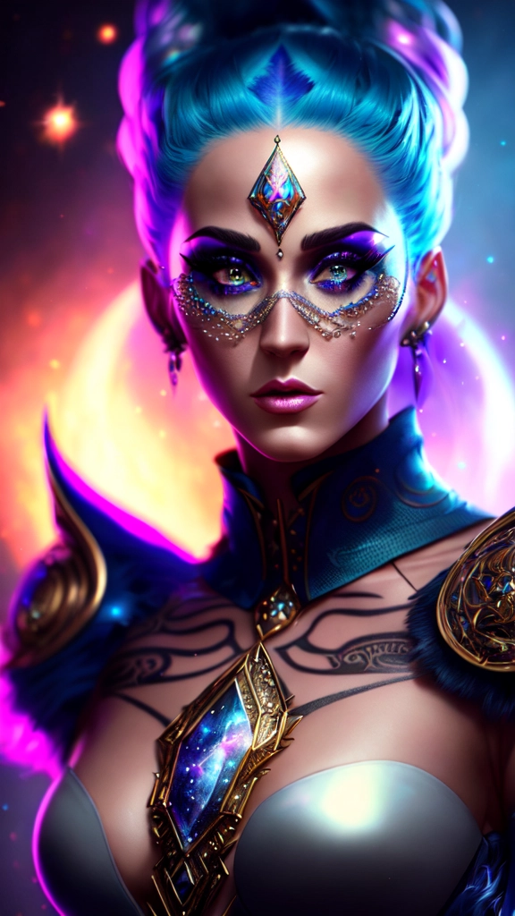 a WLOP 3d render of very very highly detailed mystic, enigmatic, strange portrait of a katy perry as a phantom warrior with galaxy, tattoos by Anna Dittmann, intricate, extremely detailed, digital painting, artstation, concept art, smooth, sharp focus, illustration, intimidating lighting, incredible art,