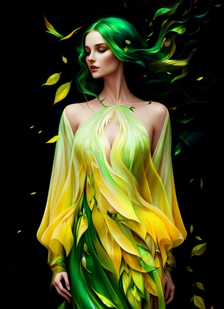 beautiful woman, wearing green dress, art by Anna Dittman, fluid motion, flying leaves, green and yellow, cinematic lighting, digital painting, ultra realistic painting,opening eyes