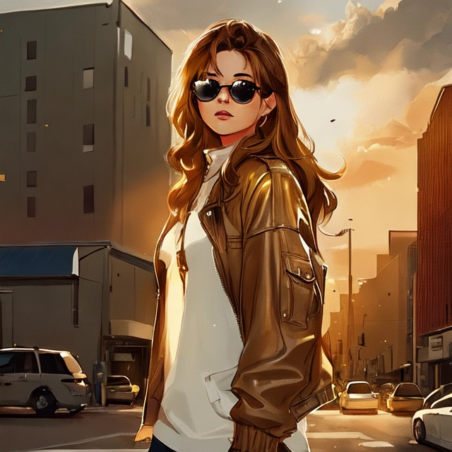 Young woman with sunglasses in a light brown jacket and jeans looking past herself in an open parking lot.