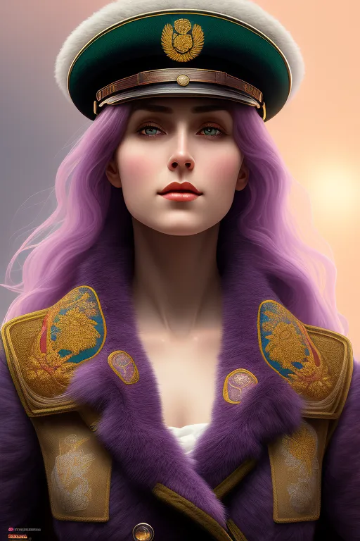 artistic painting of a beautiful female USSR soldier, purple fur, detailed, warm colours, style of socialist realism,wide view,full body 