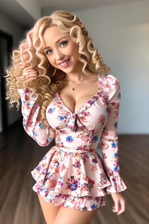 One Piece artstyle, Okama Tibany,  well endowed mature young woman, blond long curly hair ending in curls parted bangs,chest showing,Floral prints pink peplum long sleeved scooped cut, pink short skirt, red heels,blue eyes, blushing,big lips,big red lips, toothy smile,