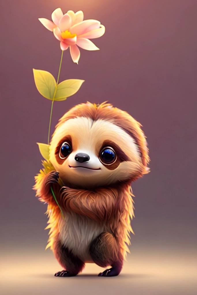 the cutest chibi sloth you'll ever see dancing wearing a 3 piece suit holding a bunch of flowers pixar style
