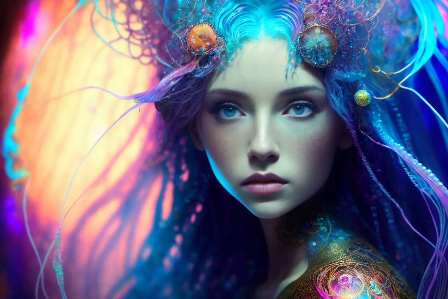 a beautiful portrait of jellyfish girl in a cylindrical aquarium, colorful light, intricate, ethereal, rococo, by Carne Griffiths and mucha, trending on artstation, anime art, beautiful face, ultra detailed eyes