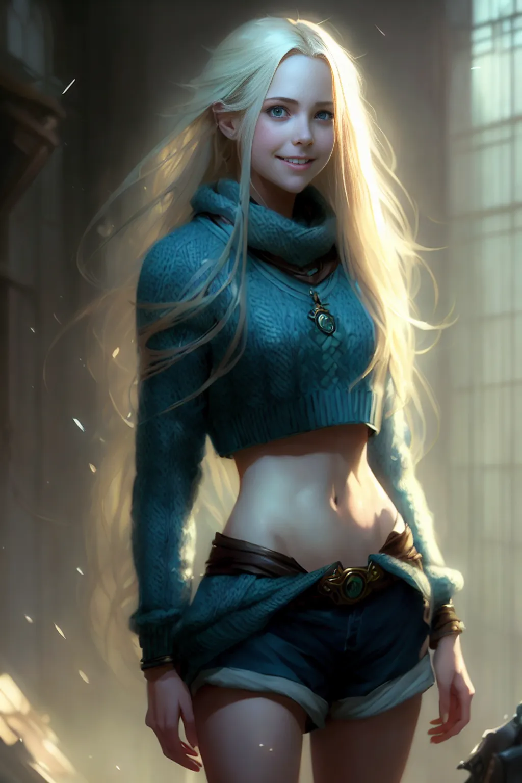 1 girl, Young woman with long blonde hair and aqua eyes wearing a grey sweater, showing belly, low rise, blue shorts, standing, front view, smiling, highly detailed 
