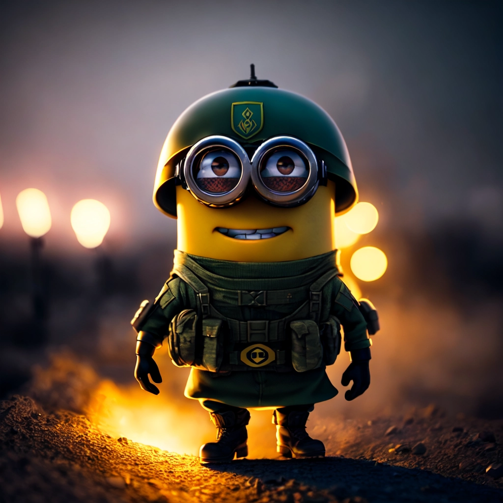 a minion at the frontlines in the army at night with his platoon fighting, slava ukraine, key lighting, soft lights, foggy, by steve haris, by lisa yuskavage, by serov valentin, by tarkosvky, 8 k render, detailed, cute cartoon style, very cute adorable face